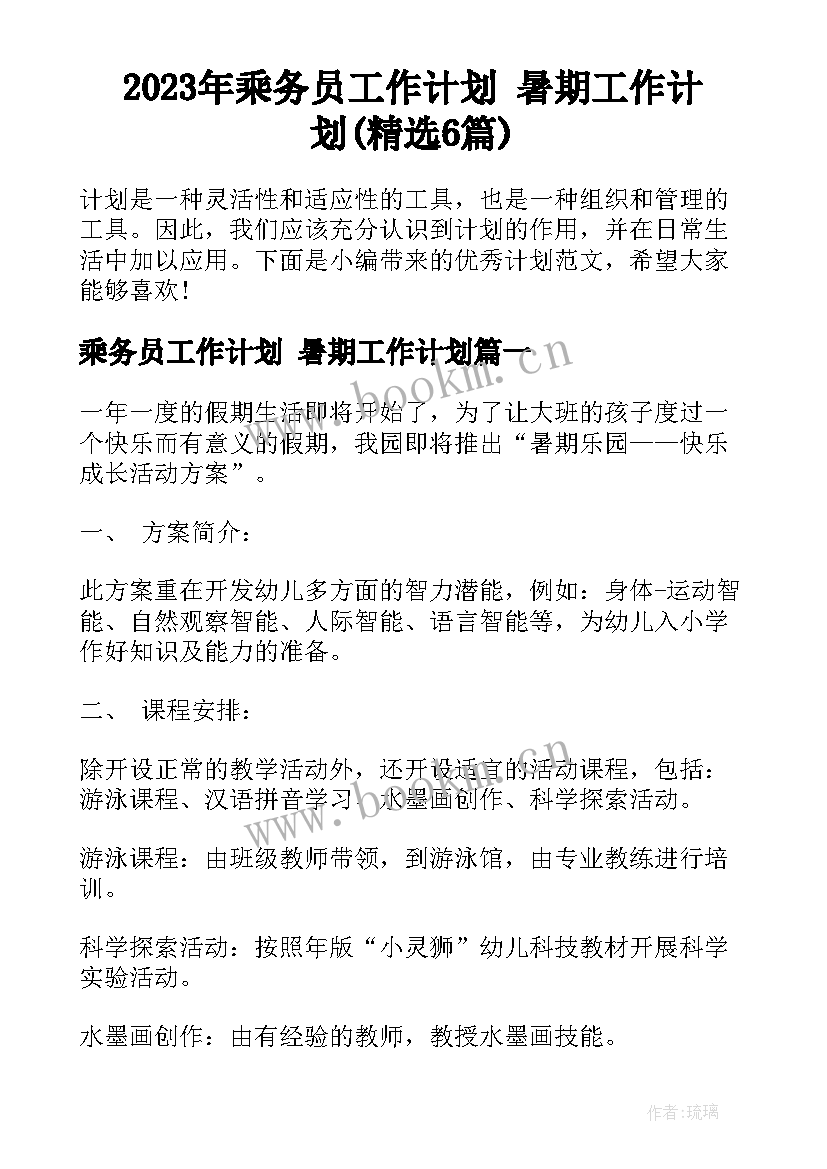 2023年乘务员工作计划 暑期工作计划(精选6篇)