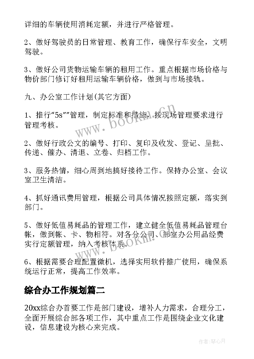 最新综合办工作规划(模板5篇)