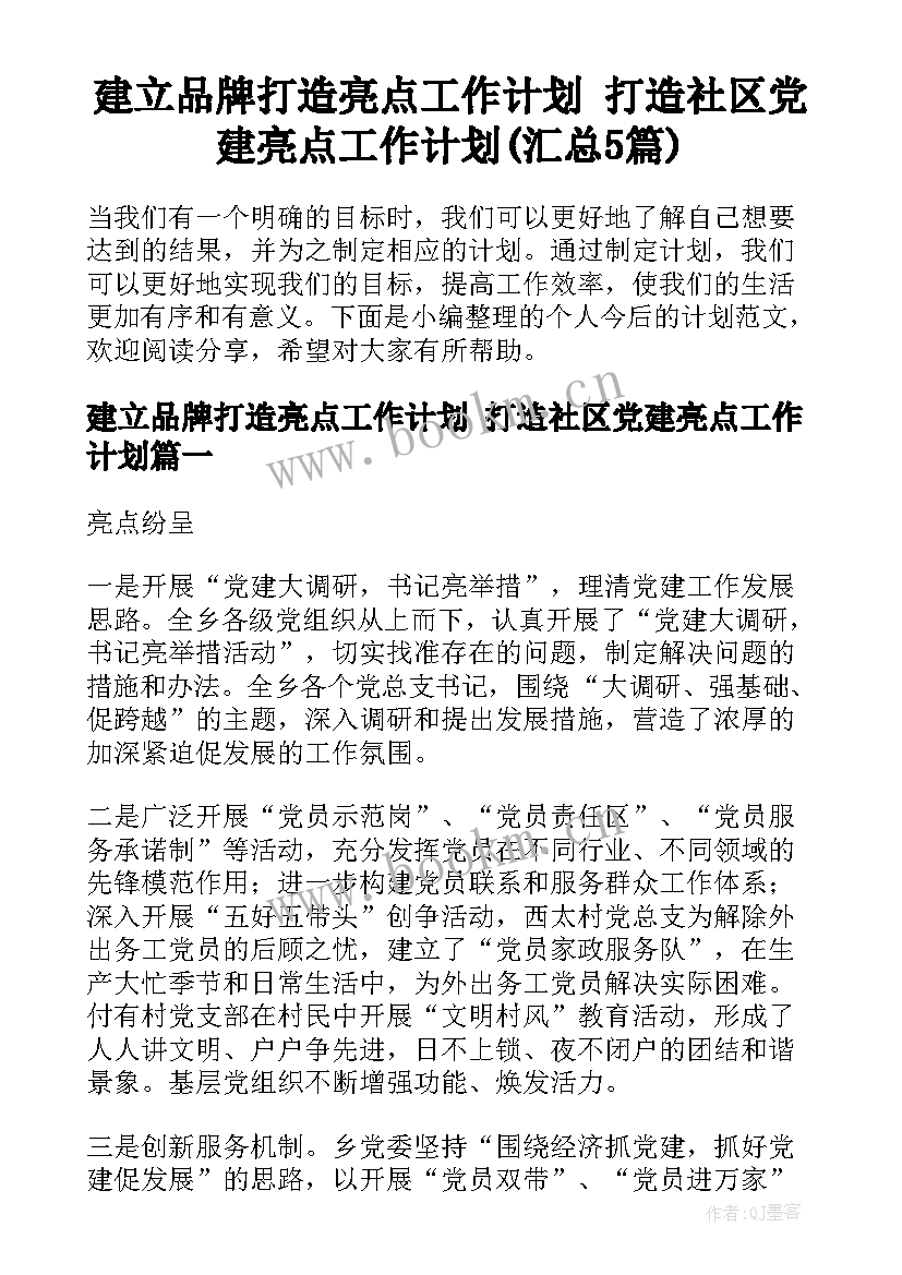 建立品牌打造亮点工作计划 打造社区党建亮点工作计划(汇总5篇)