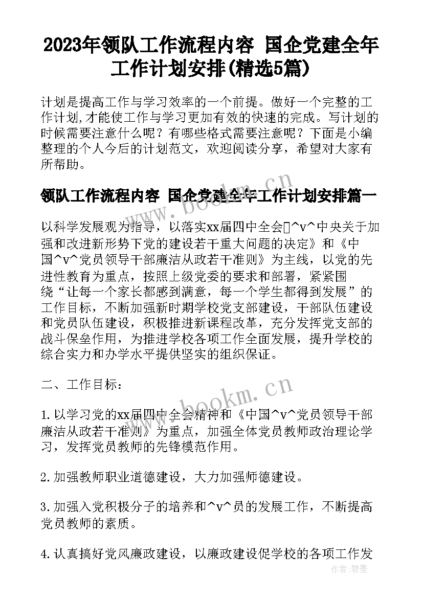 2023年领队工作流程内容 国企党建全年工作计划安排(精选5篇)