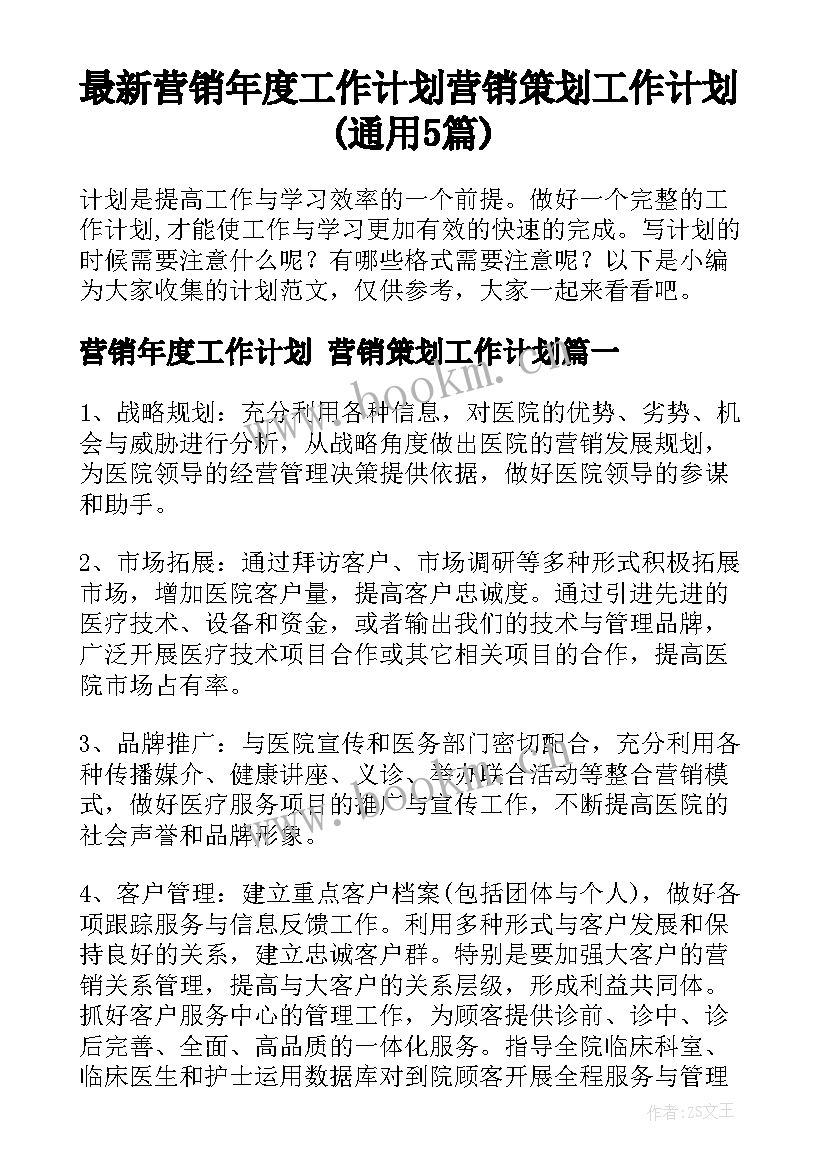 最新营销年度工作计划 营销策划工作计划(通用5篇)