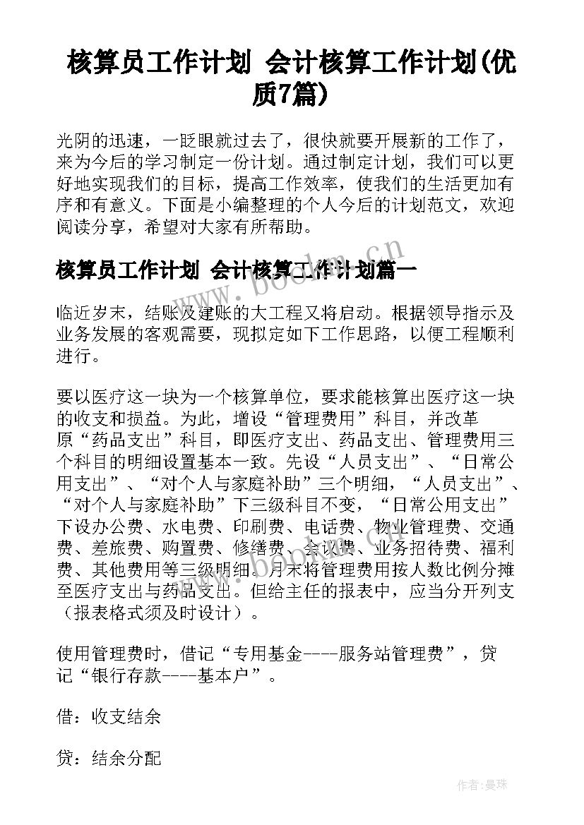 核算员工作计划 会计核算工作计划(优质7篇)