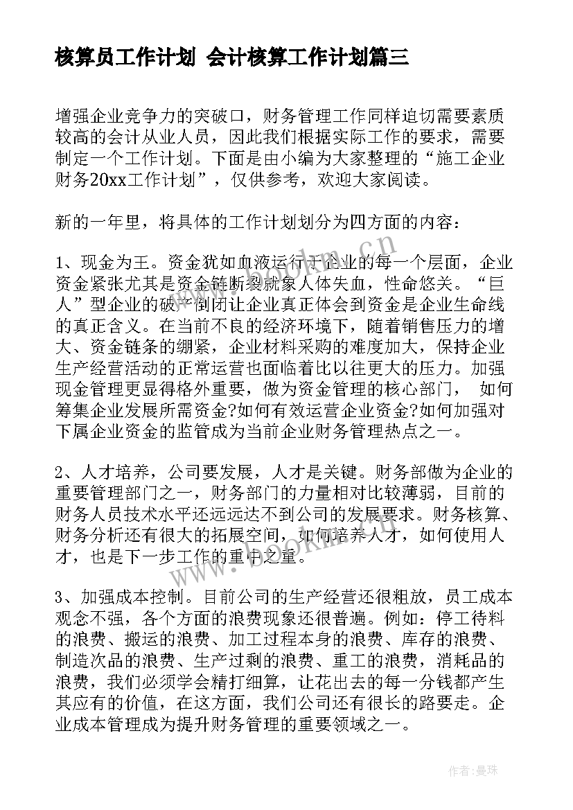 核算员工作计划 会计核算工作计划(优质7篇)