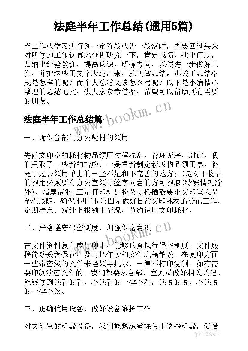 法庭半年工作总结(通用5篇)