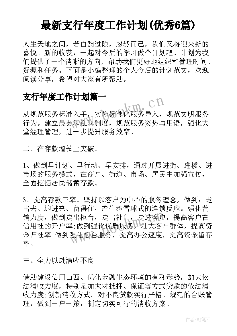 最新支行年度工作计划(优秀6篇)