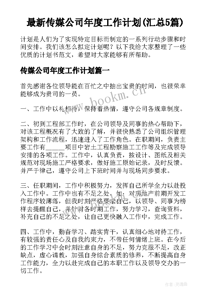 最新传媒公司年度工作计划(汇总5篇)