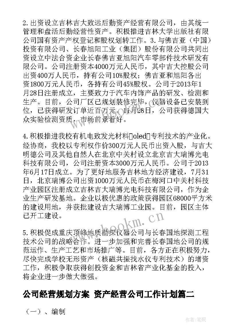 公司经营规划方案 资产经营公司工作计划(实用5篇)