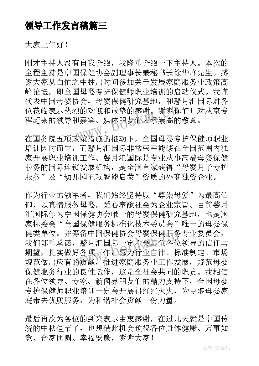 领导工作发言稿(优质5篇)