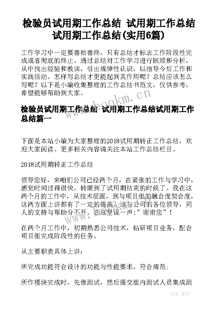 检验员试用期工作总结 试用期工作总结试用期工作总结(实用6篇)