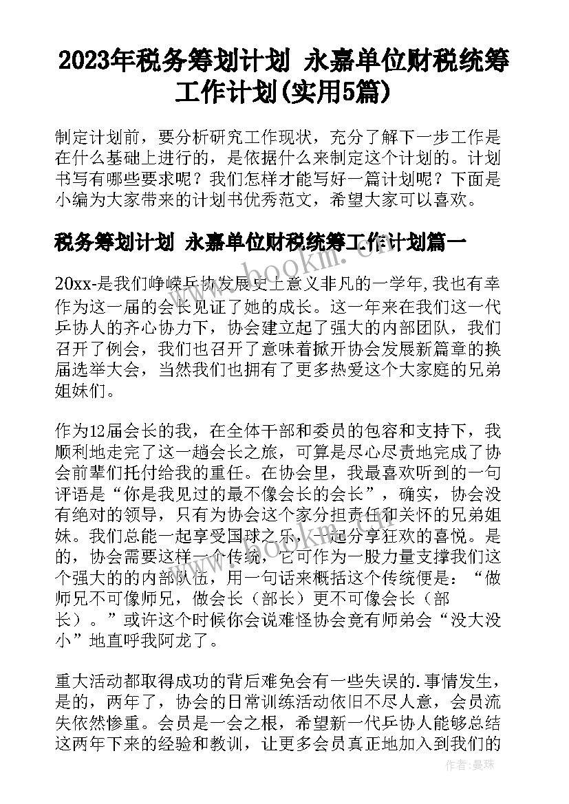 2023年税务筹划计划 永嘉单位财税统筹工作计划(实用5篇)