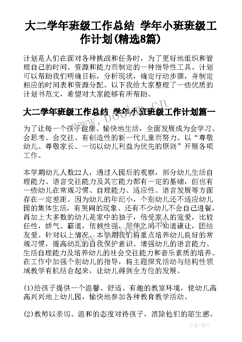 大二学年班级工作总结 学年小班班级工作计划(精选8篇)