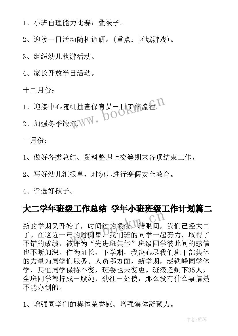 大二学年班级工作总结 学年小班班级工作计划(精选8篇)