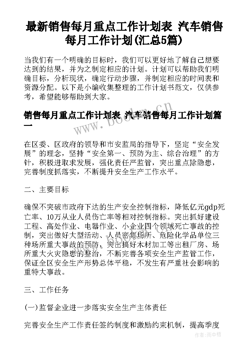 最新销售每月重点工作计划表 汽车销售每月工作计划(汇总5篇)