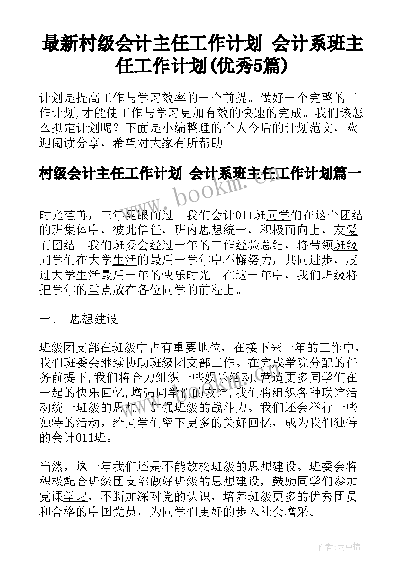 最新村级会计主任工作计划 会计系班主任工作计划(优秀5篇)