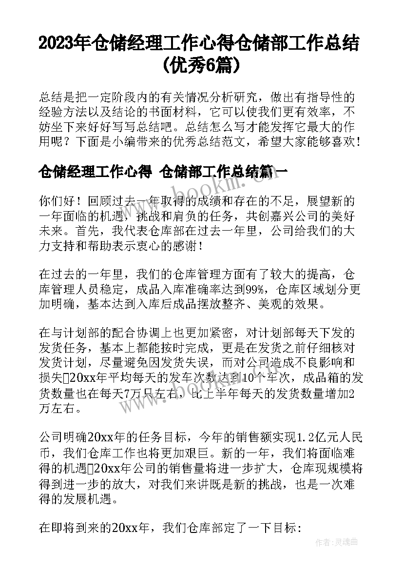 2023年仓储经理工作心得 仓储部工作总结(优秀6篇)