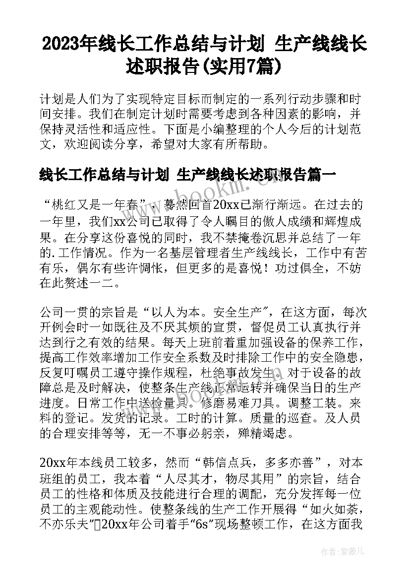 2023年线长工作总结与计划 生产线线长述职报告(实用7篇)