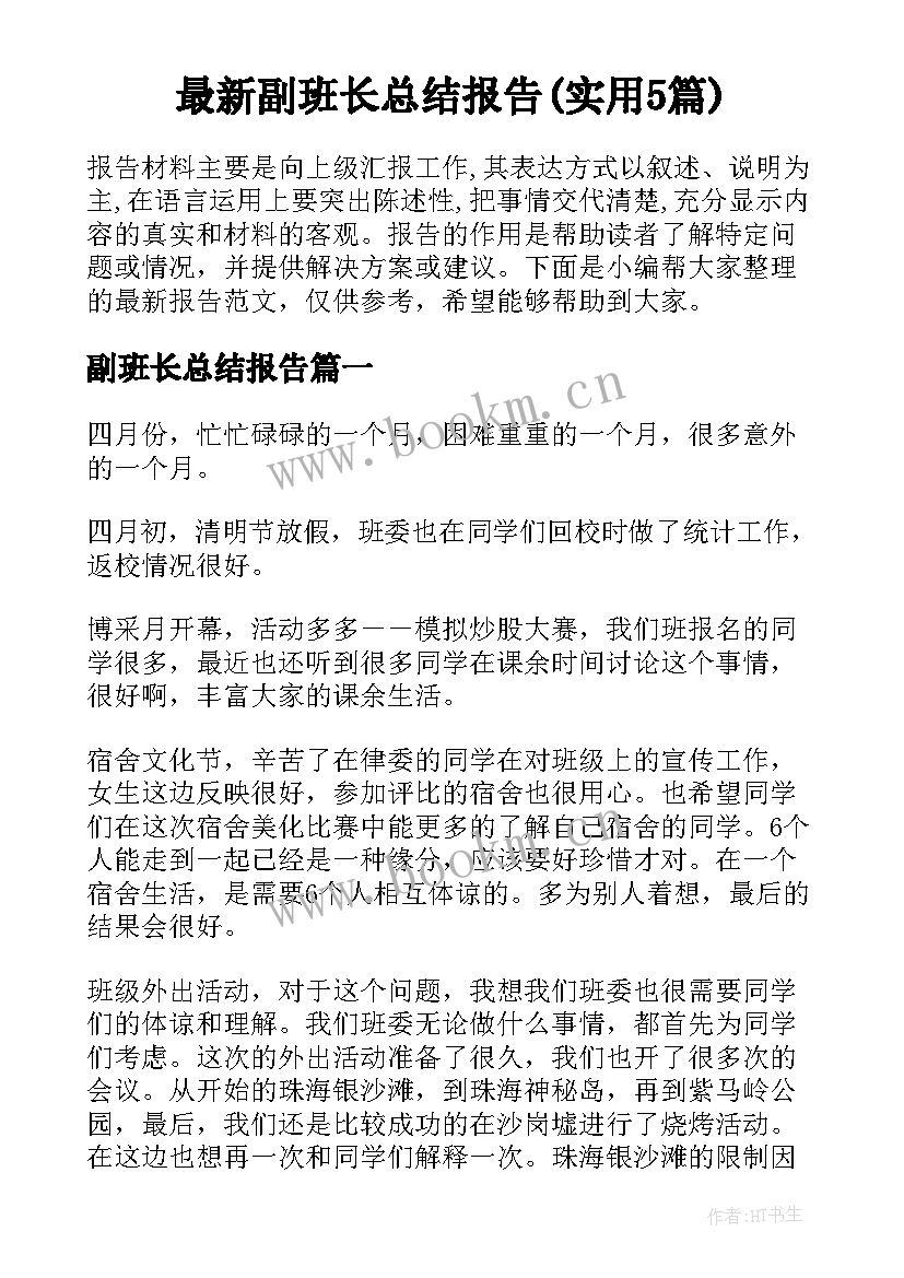 最新副班长总结报告(实用5篇)