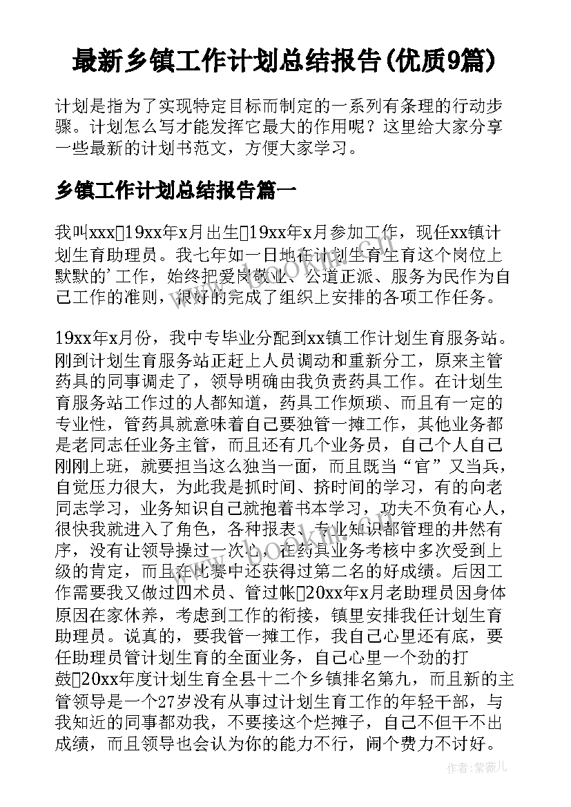 最新乡镇工作计划总结报告(优质9篇)