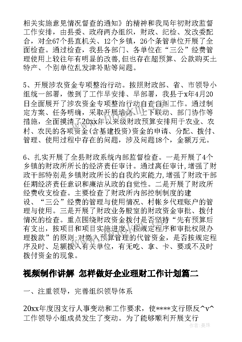 2023年视频制作讲解 怎样做好企业理财工作计划(通用5篇)