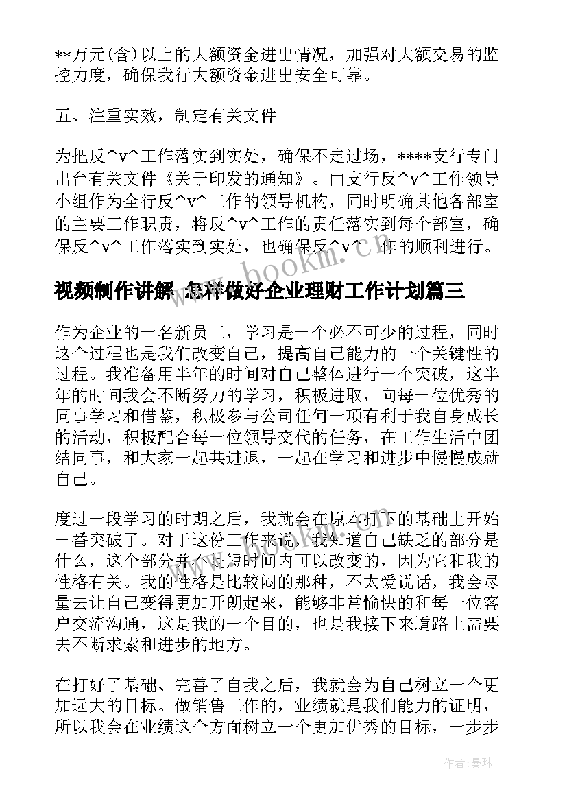 2023年视频制作讲解 怎样做好企业理财工作计划(通用5篇)