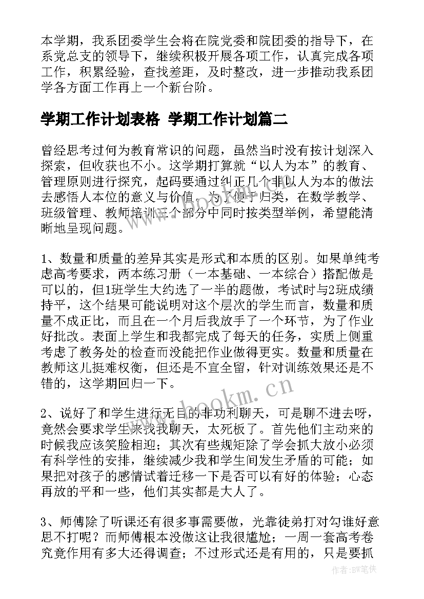 最新学期工作计划表格 学期工作计划(通用5篇)