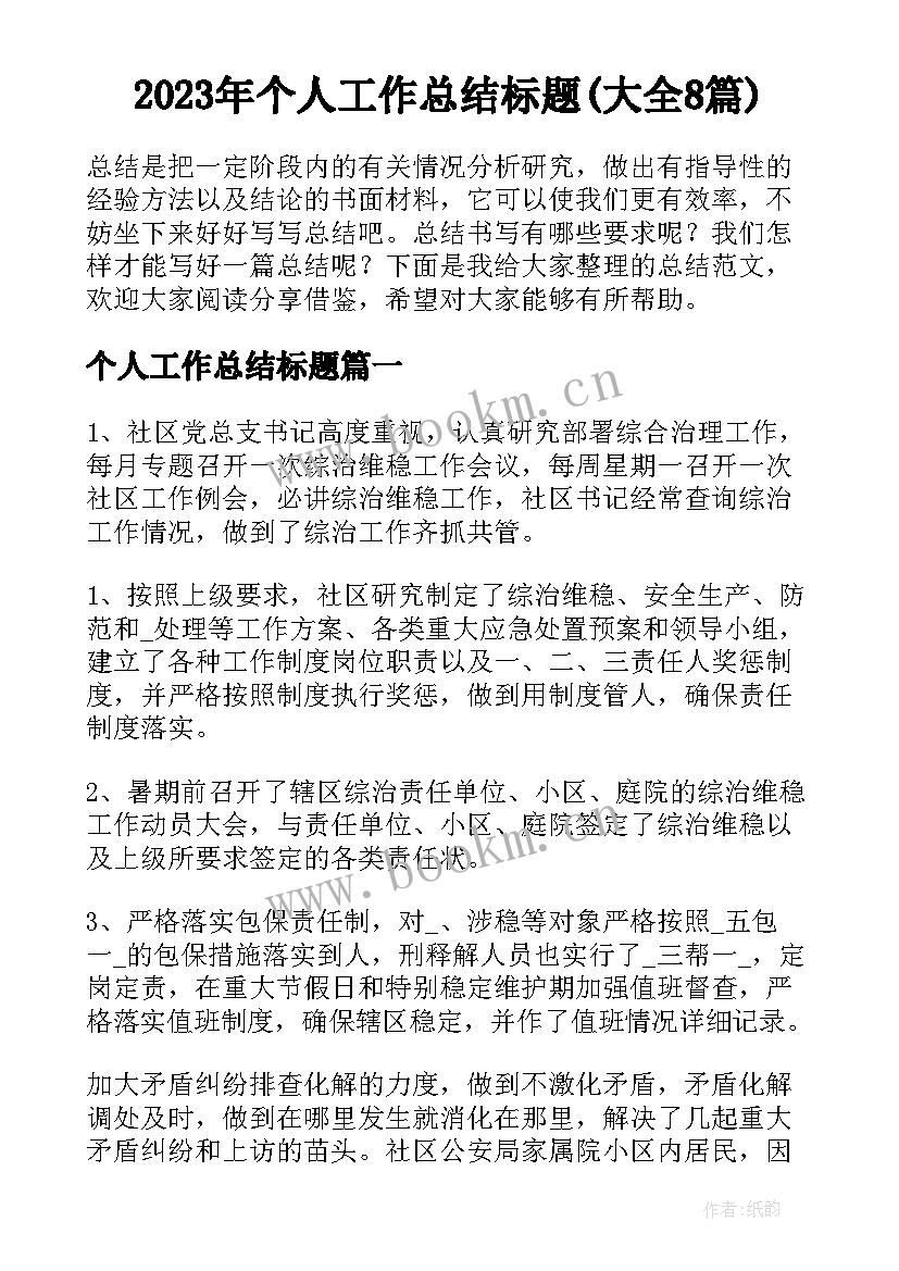 2023年个人工作总结标题(大全8篇)