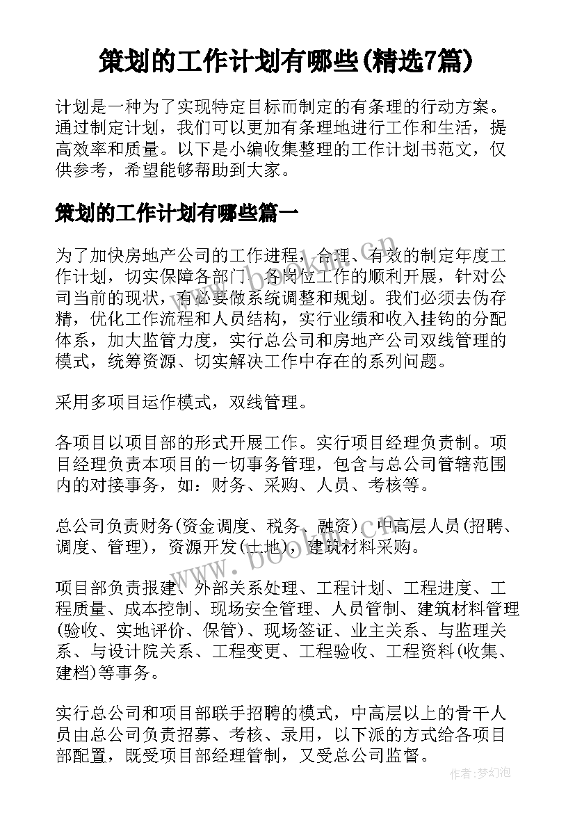 策划的工作计划有哪些(精选7篇)