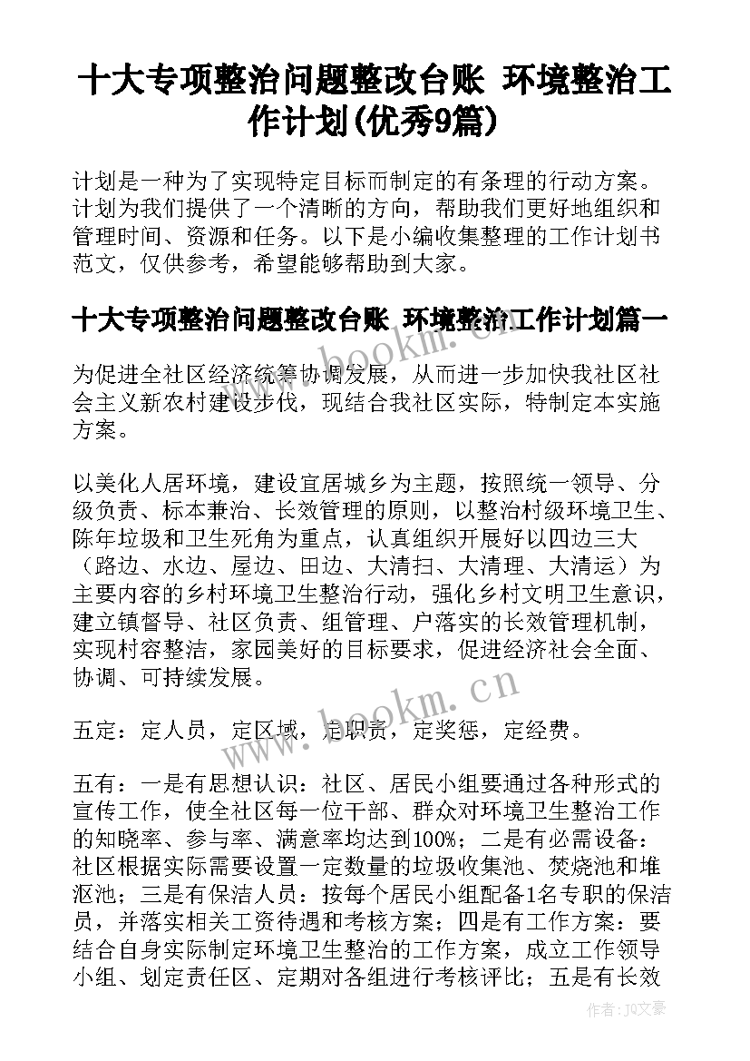 十大专项整治问题整改台账 环境整治工作计划(优秀9篇)