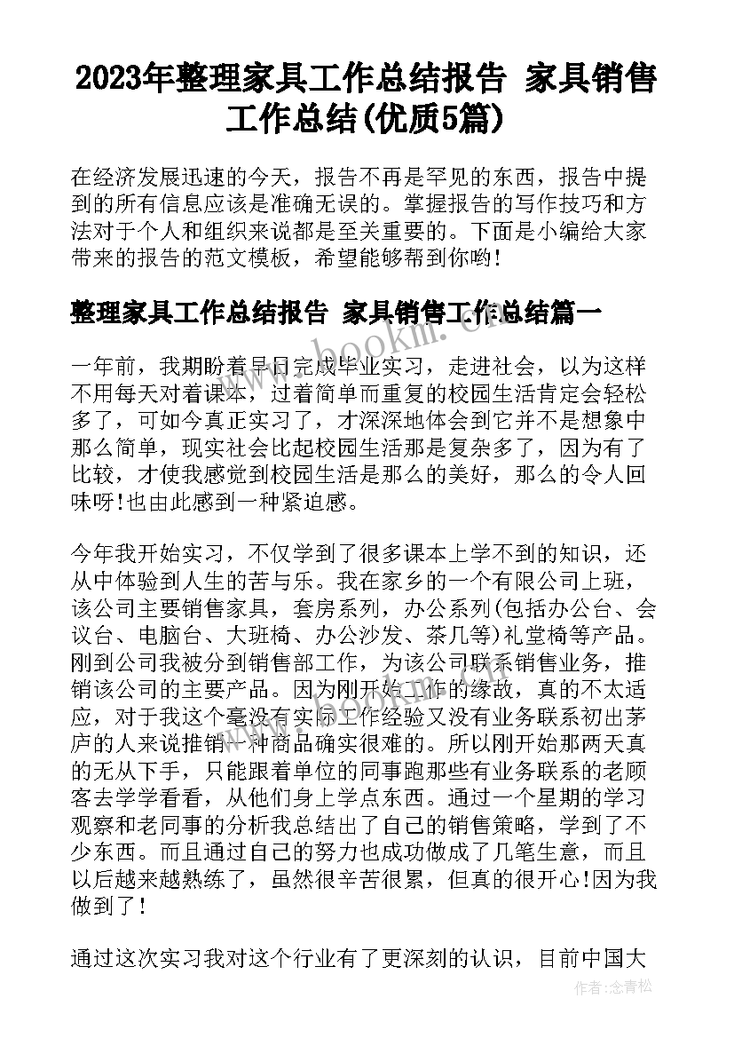 2023年整理家具工作总结报告 家具销售工作总结(优质5篇)