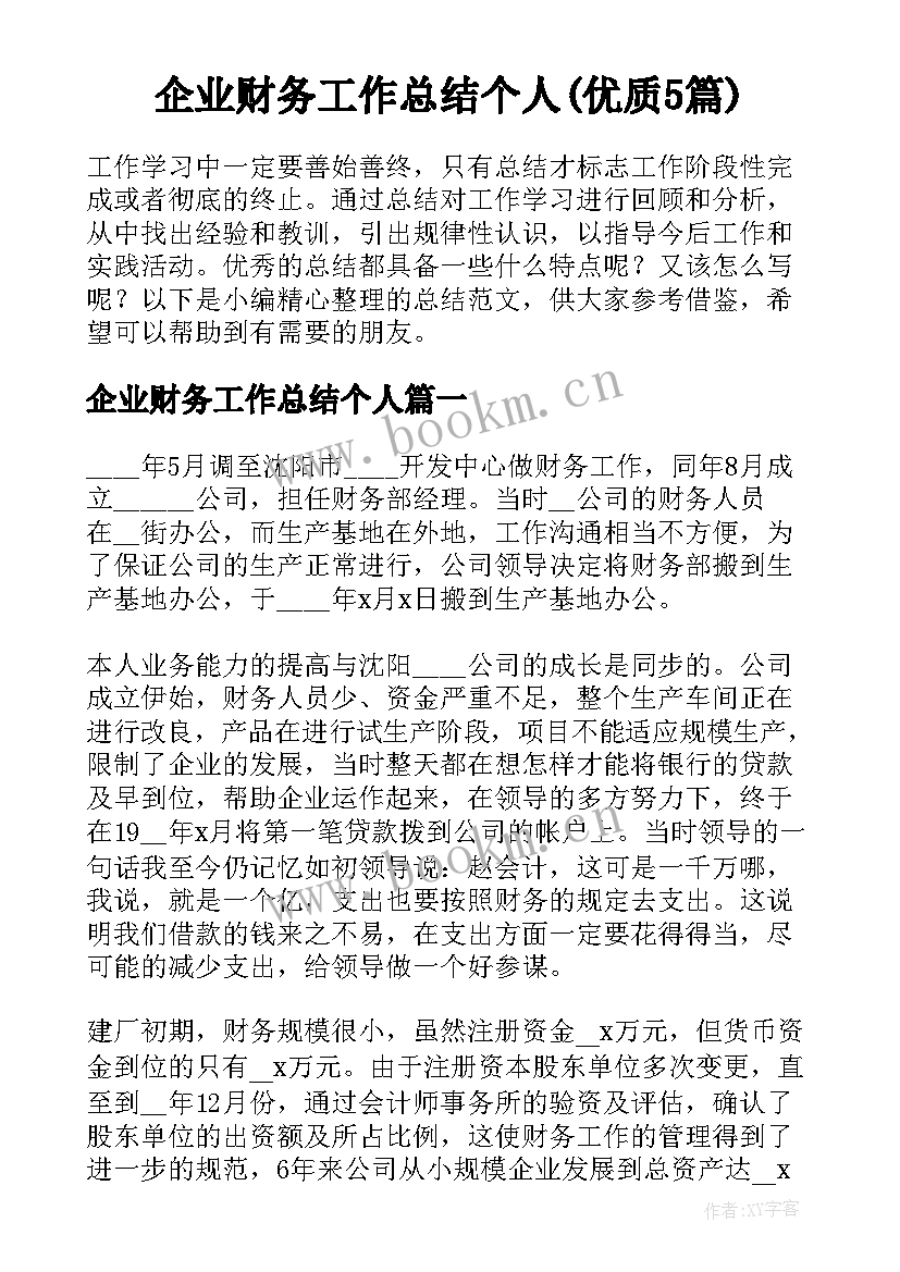 企业财务工作总结个人(优质5篇)