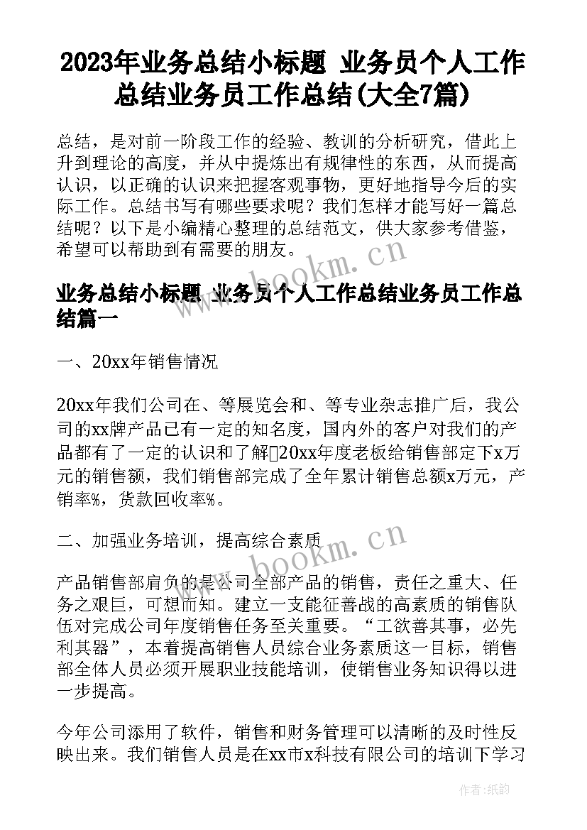 2023年业务总结小标题 业务员个人工作总结业务员工作总结(大全7篇)