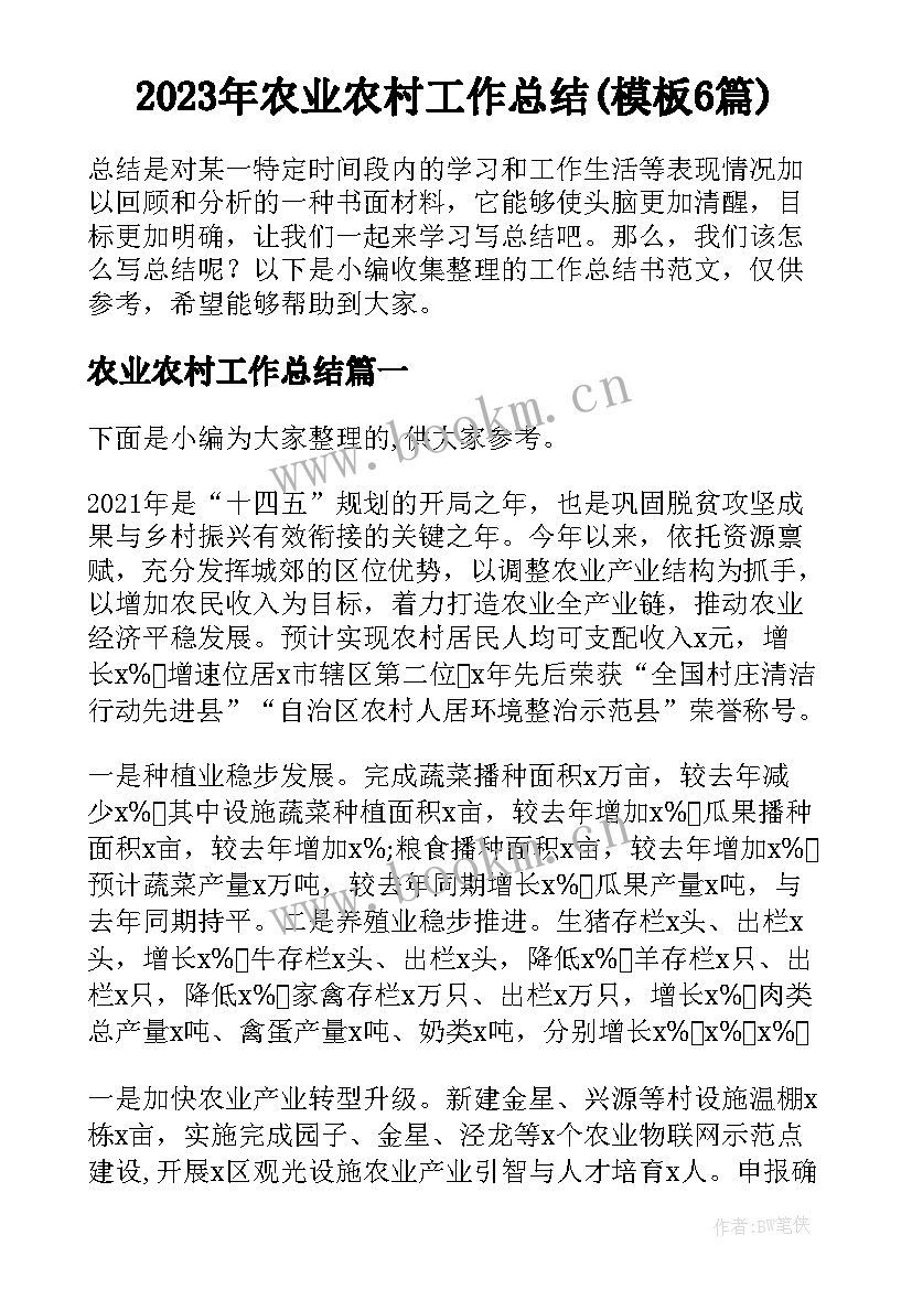 2023年农业农村工作总结(模板6篇)