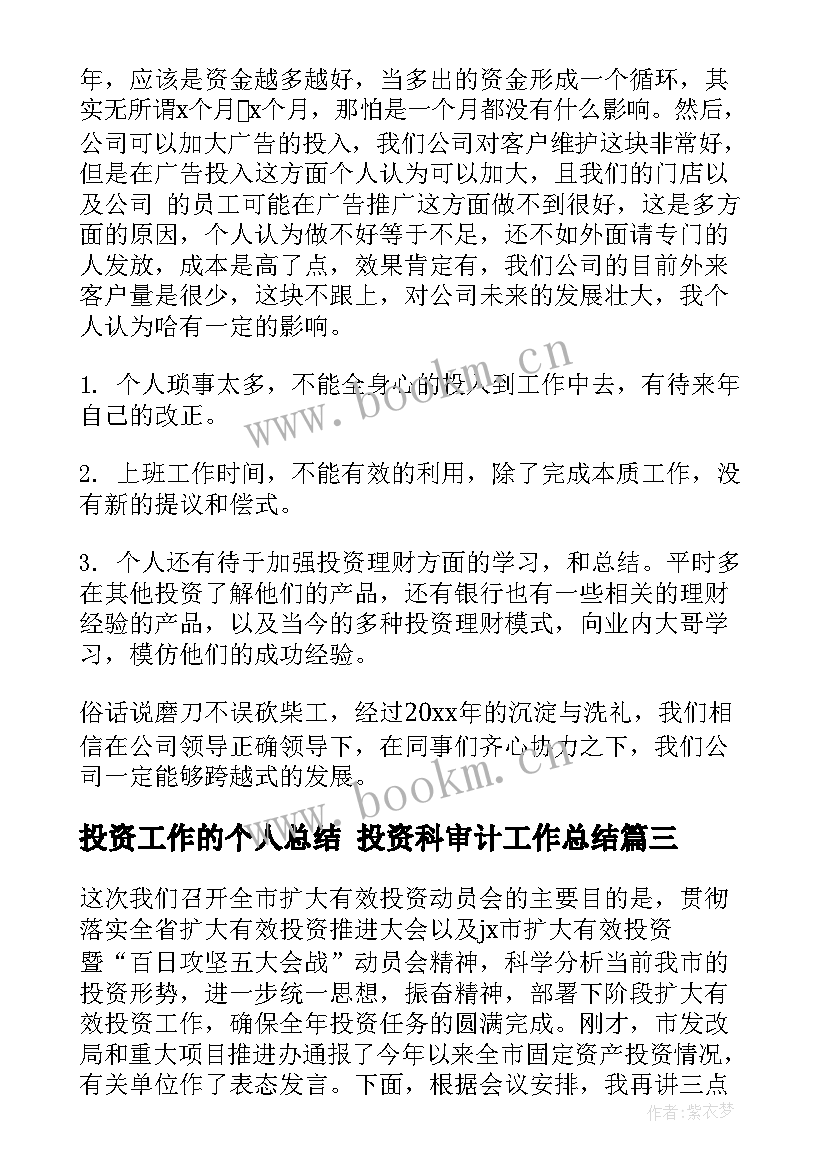 2023年投资工作的个人总结 投资科审计工作总结(通用10篇)