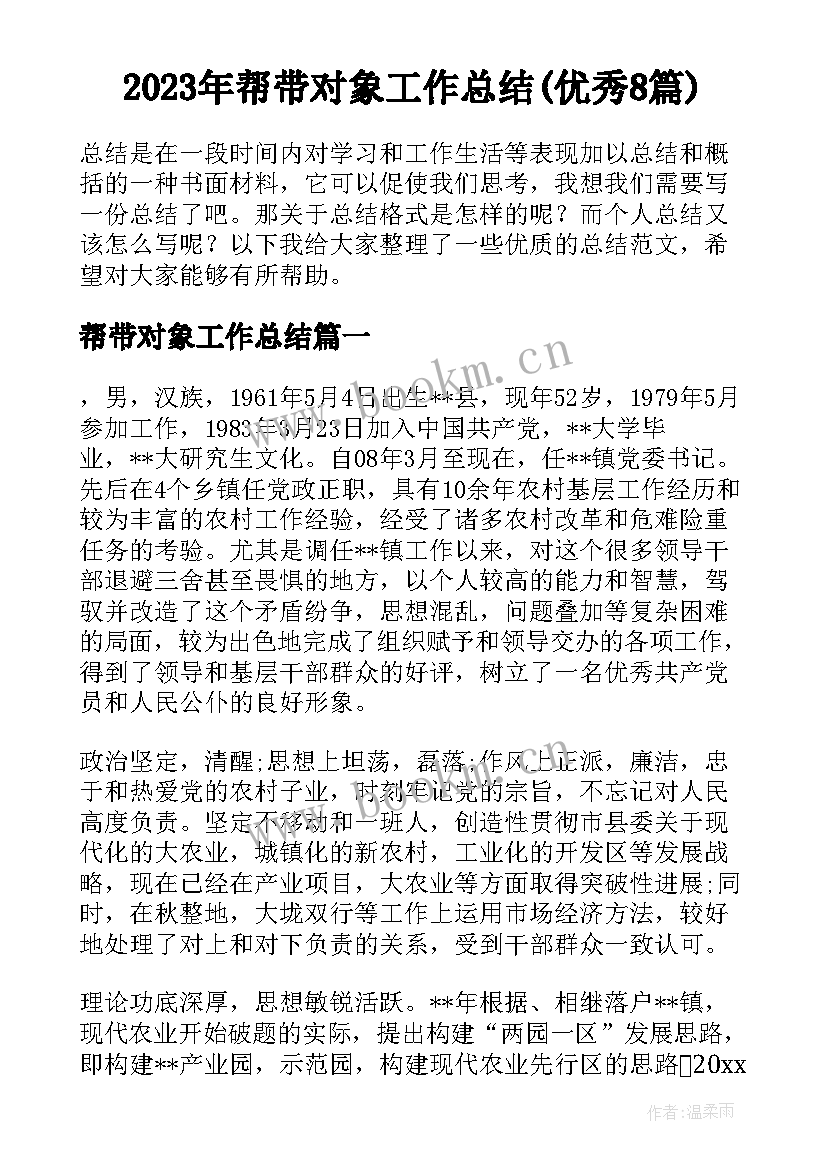 2023年帮带对象工作总结(优秀8篇)