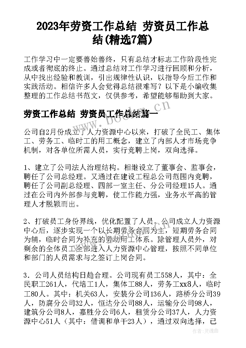 2023年劳资工作总结 劳资员工作总结(精选7篇)