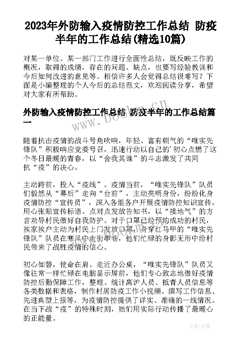 2023年外防输入疫情防控工作总结 防疫半年的工作总结(精选10篇)