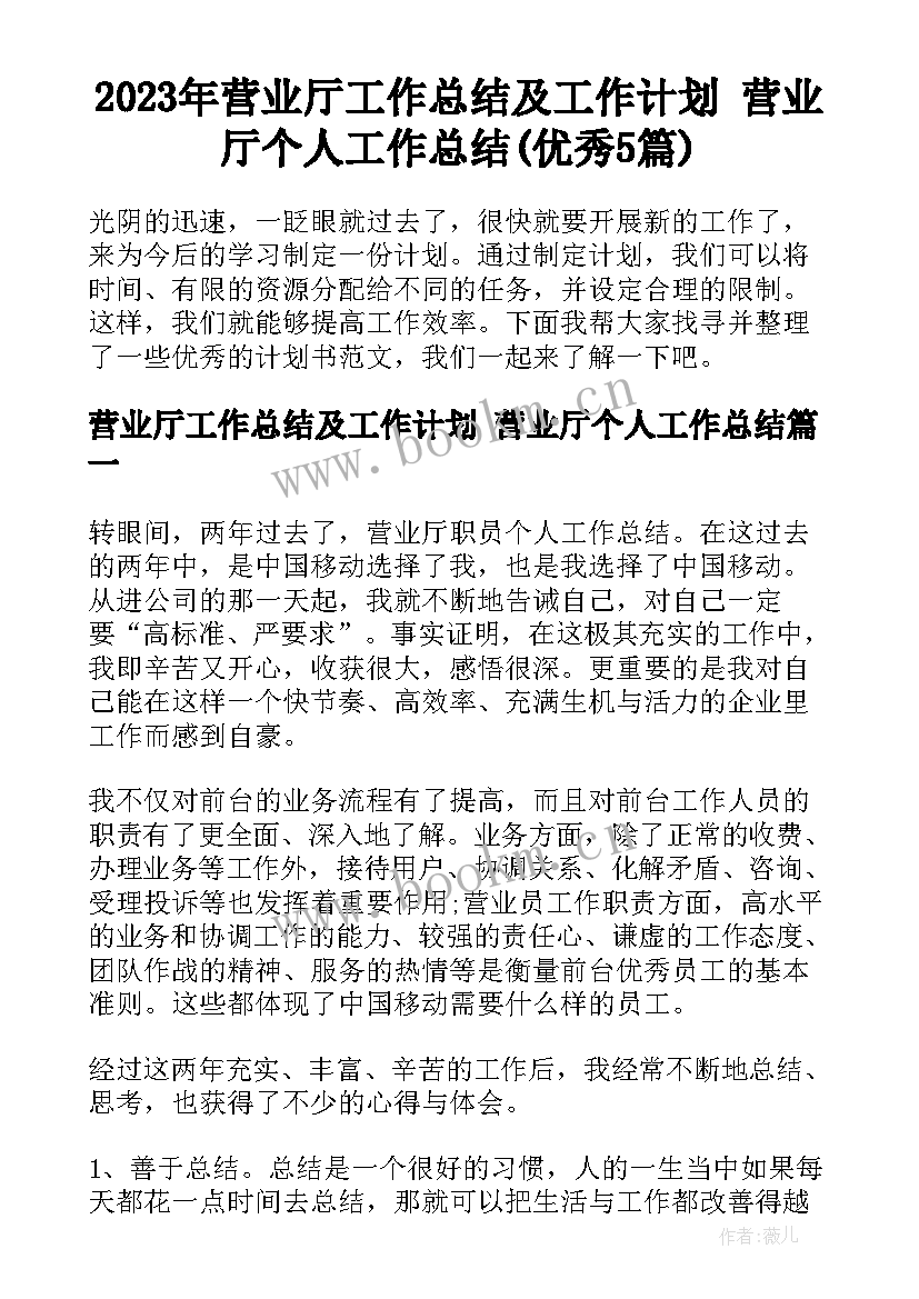 2023年营业厅工作总结及工作计划 营业厅个人工作总结(优秀5篇)