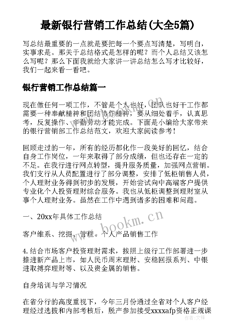 最新银行营销工作总结(大全5篇)