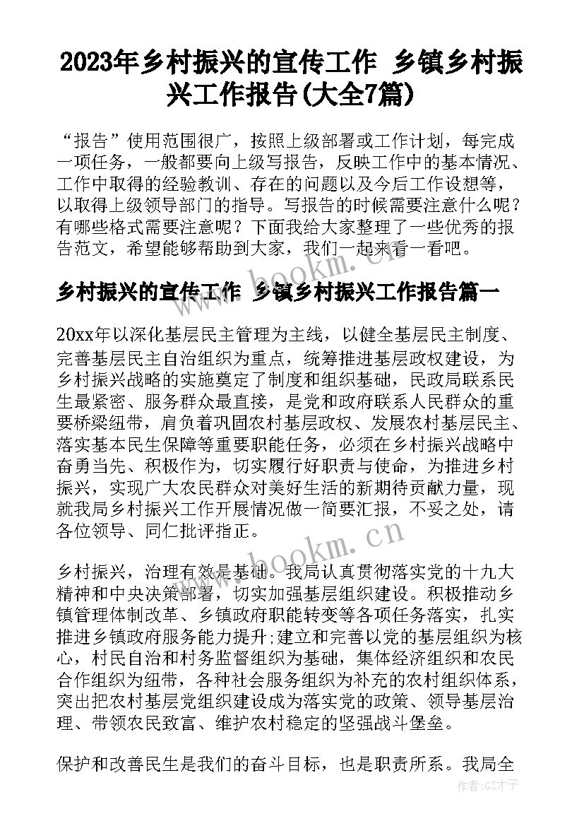 2023年乡村振兴的宣传工作 乡镇乡村振兴工作报告(大全7篇)