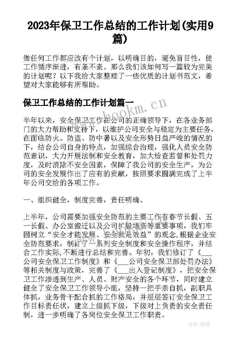 2023年保卫工作总结的工作计划(实用9篇)