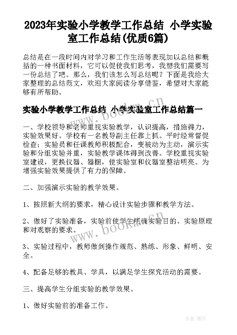 2023年实验小学教学工作总结 小学实验室工作总结(优质6篇)