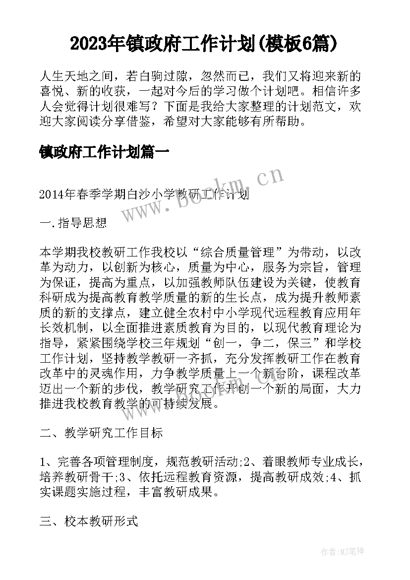 2023年镇政府工作计划(模板6篇)