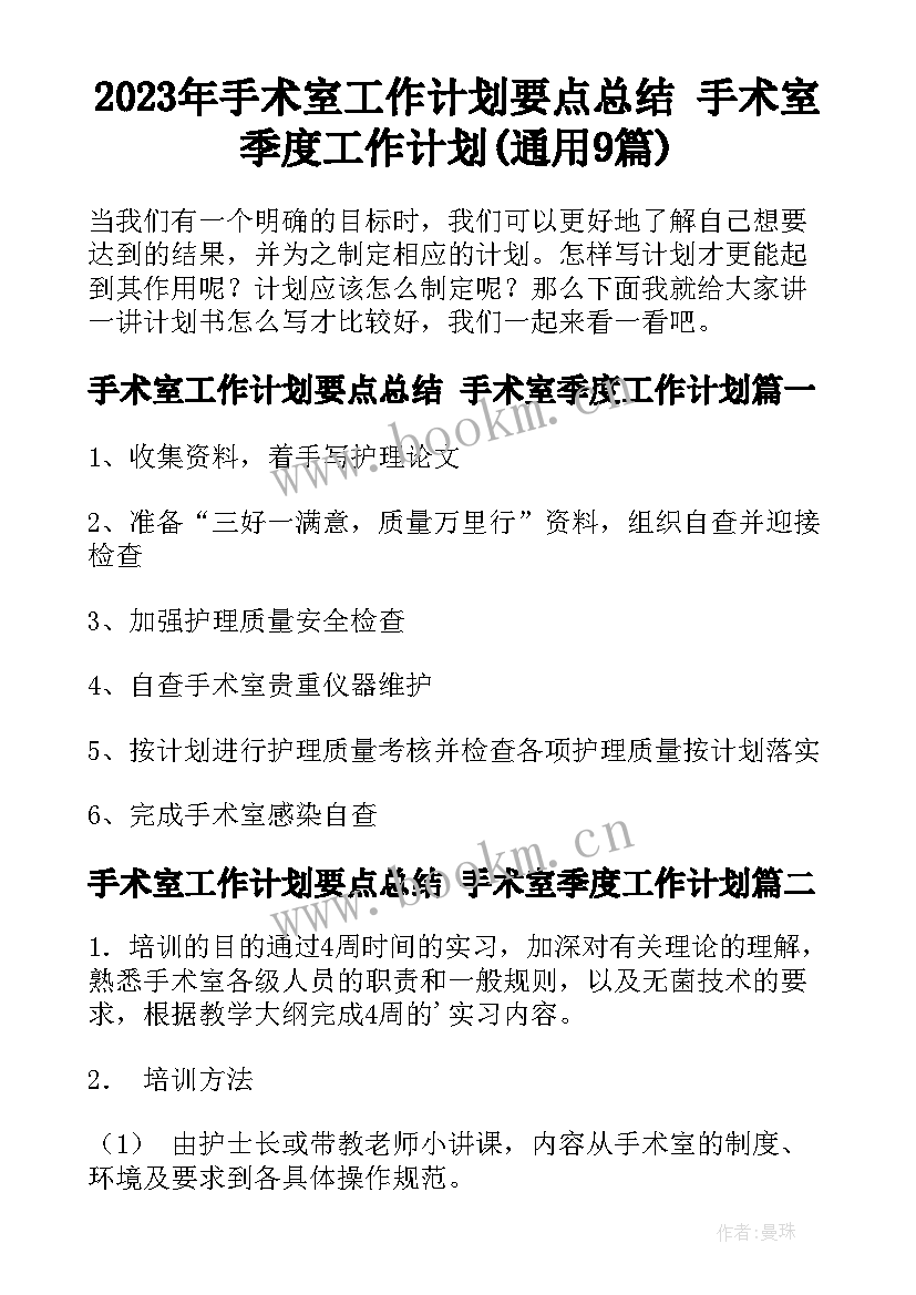 2023年手术室工作计划要点总结 手术室季度工作计划(通用9篇)