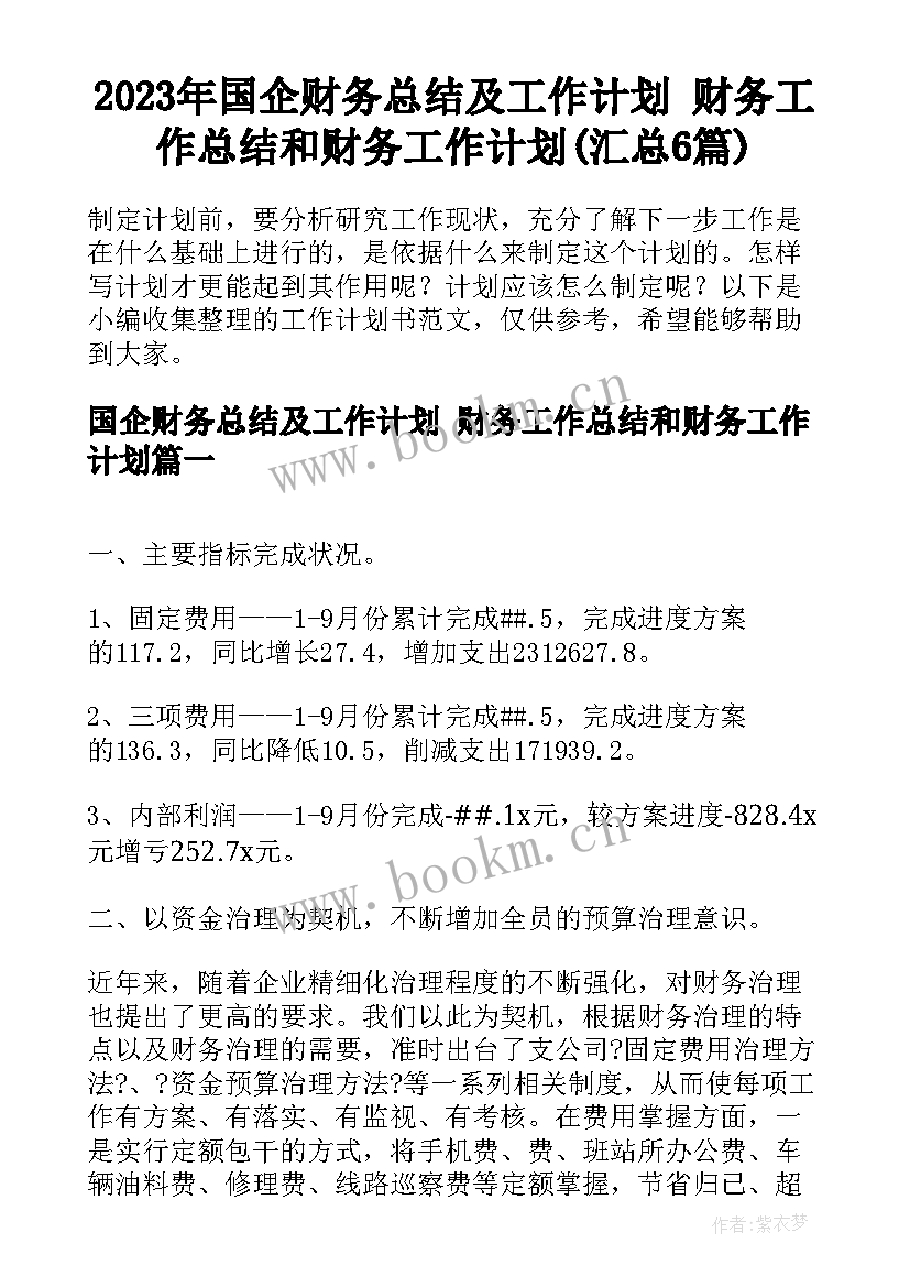 2023年国企财务总结及工作计划 财务工作总结和财务工作计划(汇总6篇)