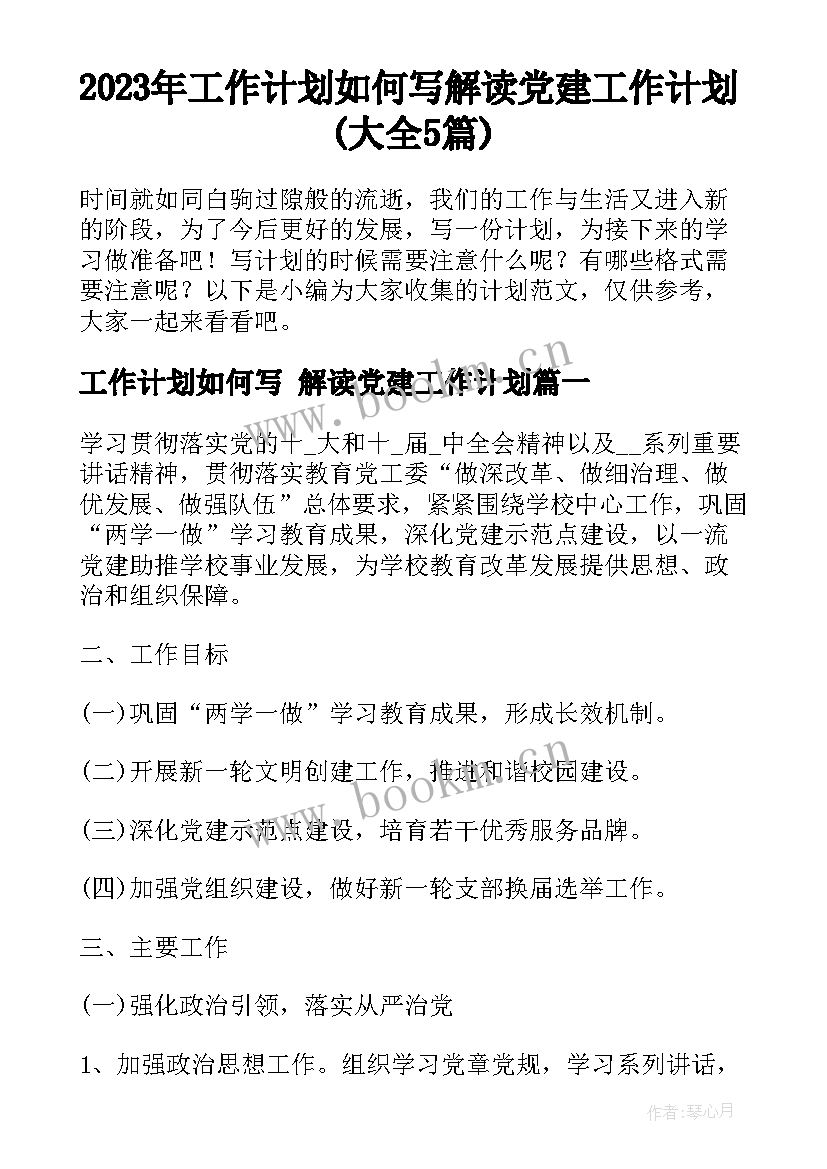 2023年工作计划如何写 解读党建工作计划(大全5篇)