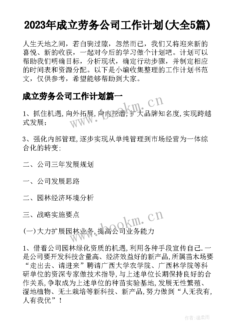 2023年成立劳务公司工作计划(大全5篇)