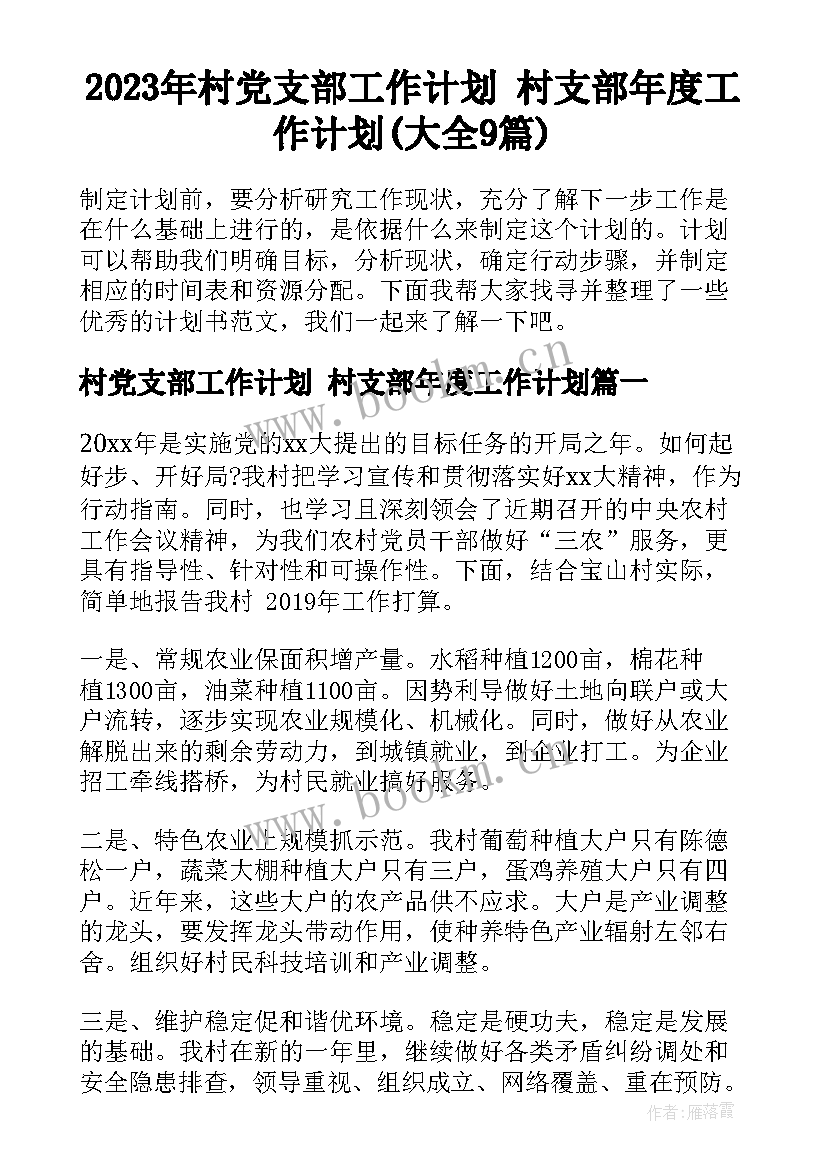 2023年村党支部工作计划 村支部年度工作计划(大全9篇)