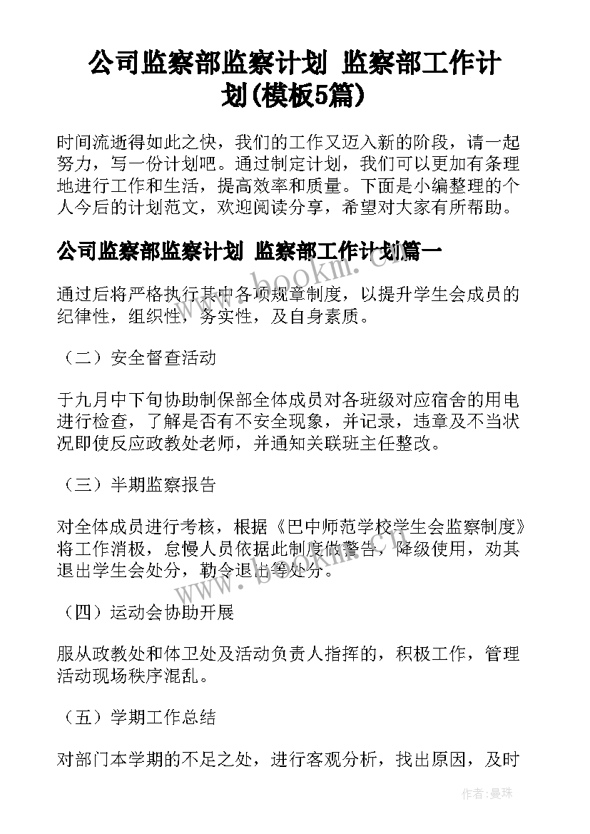 公司监察部监察计划 监察部工作计划(模板5篇)