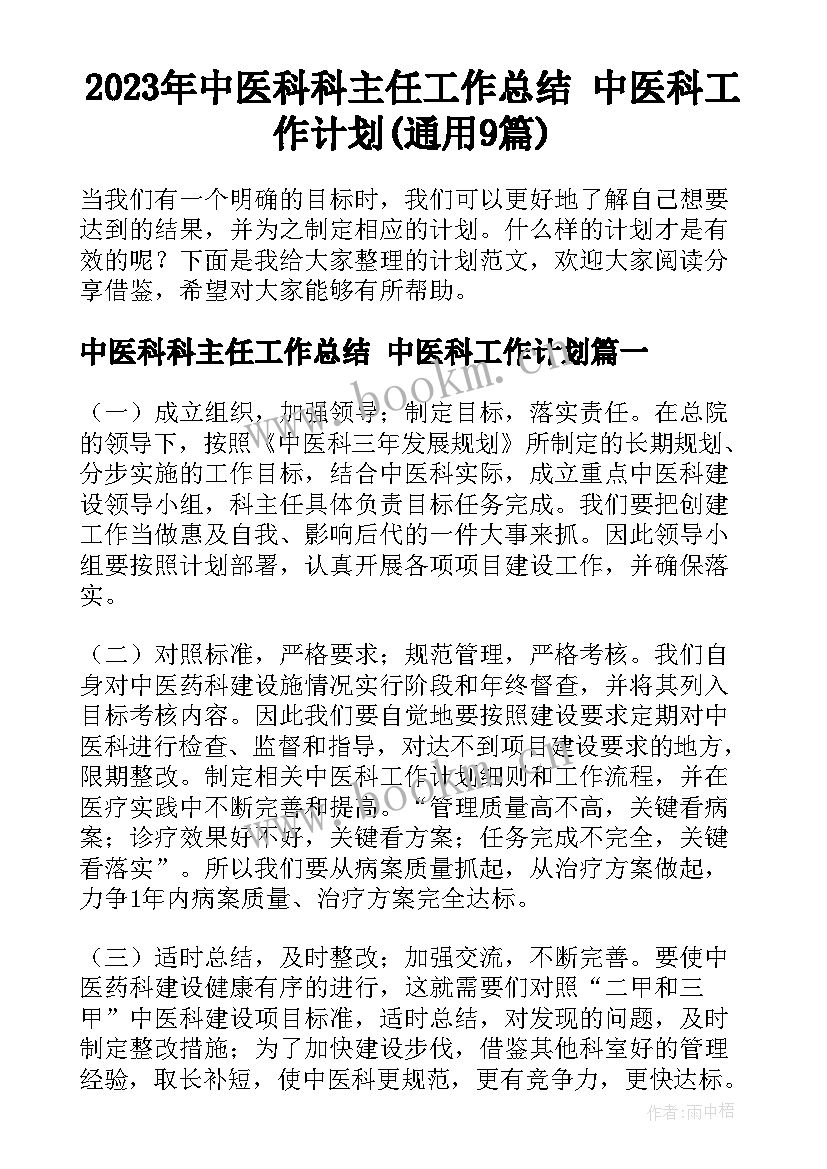 2023年中医科科主任工作总结 中医科工作计划(通用9篇)