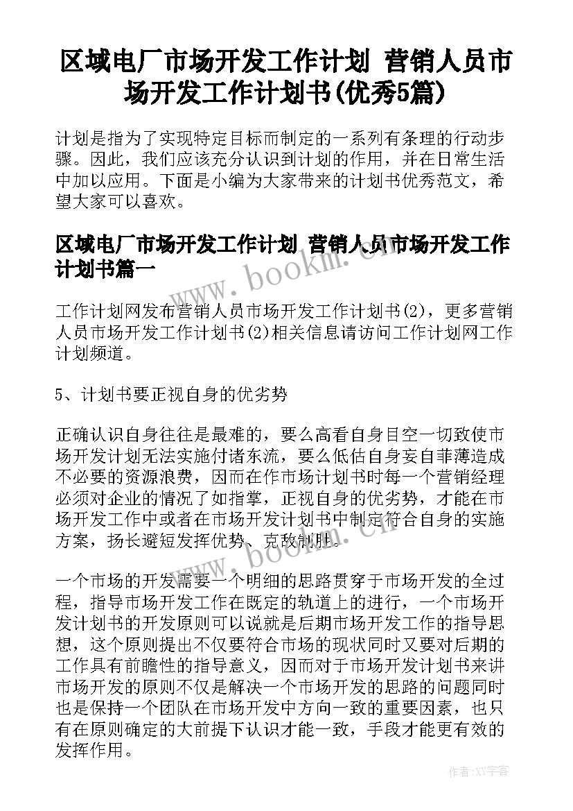 区域电厂市场开发工作计划 营销人员市场开发工作计划书(优秀5篇)